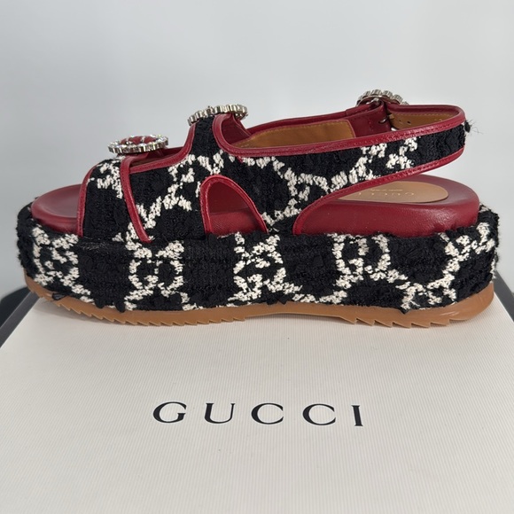 Gucci Black & White Tweed Red Leather Crystal Buckle Platform Sandals SZ 37.5 - Picture 7 of 10
